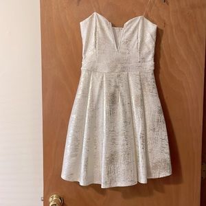 Gold, and White V neck strapless shimmer knee length dress